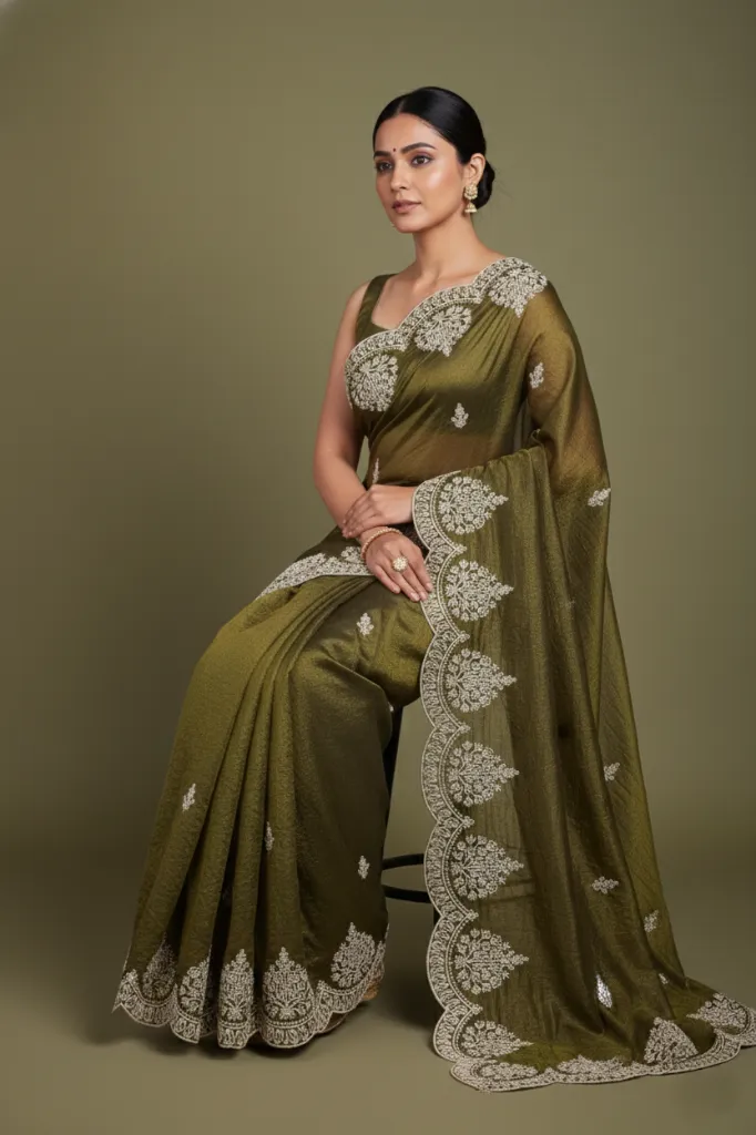 Olive Green Jimmy Choo Style Saree with Elegant White Embroidery 3.webp