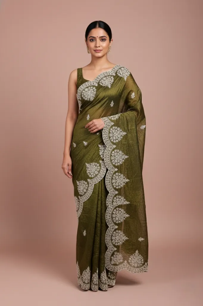 Olive Green Jimmy Choo Style Saree with Elegant White Embroidery 1.webp