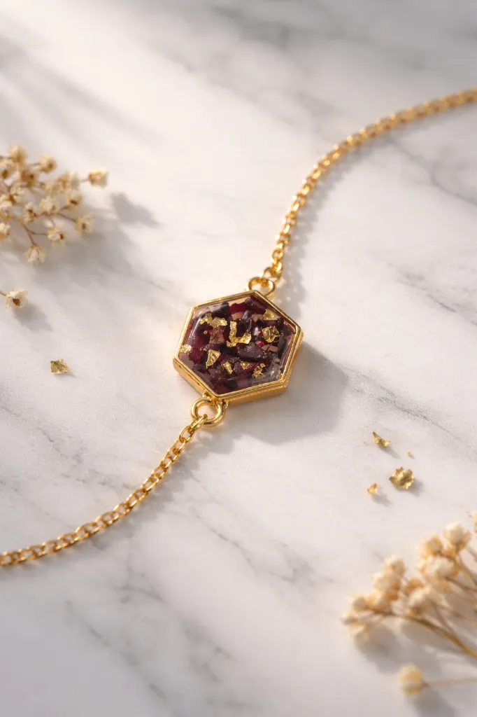 Ruby Glow Hex Resin Bracelet 1.webp