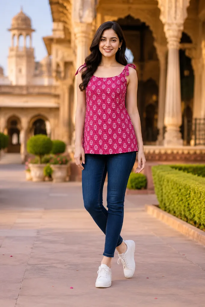 Pink Printed Short Sleeveless Waist-Length Kurti with Tie-Up Shoulder Straps 5.webp