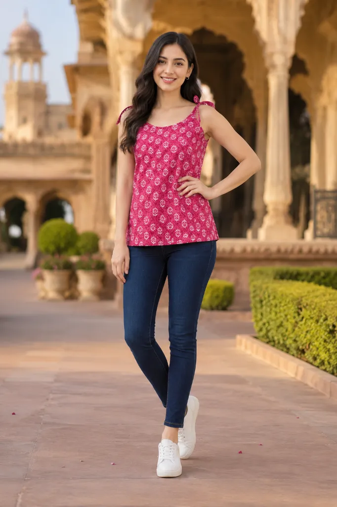 Pink Printed Short Sleeveless Waist-Length Kurti with Tie-Up Shoulder Straps 9.webp