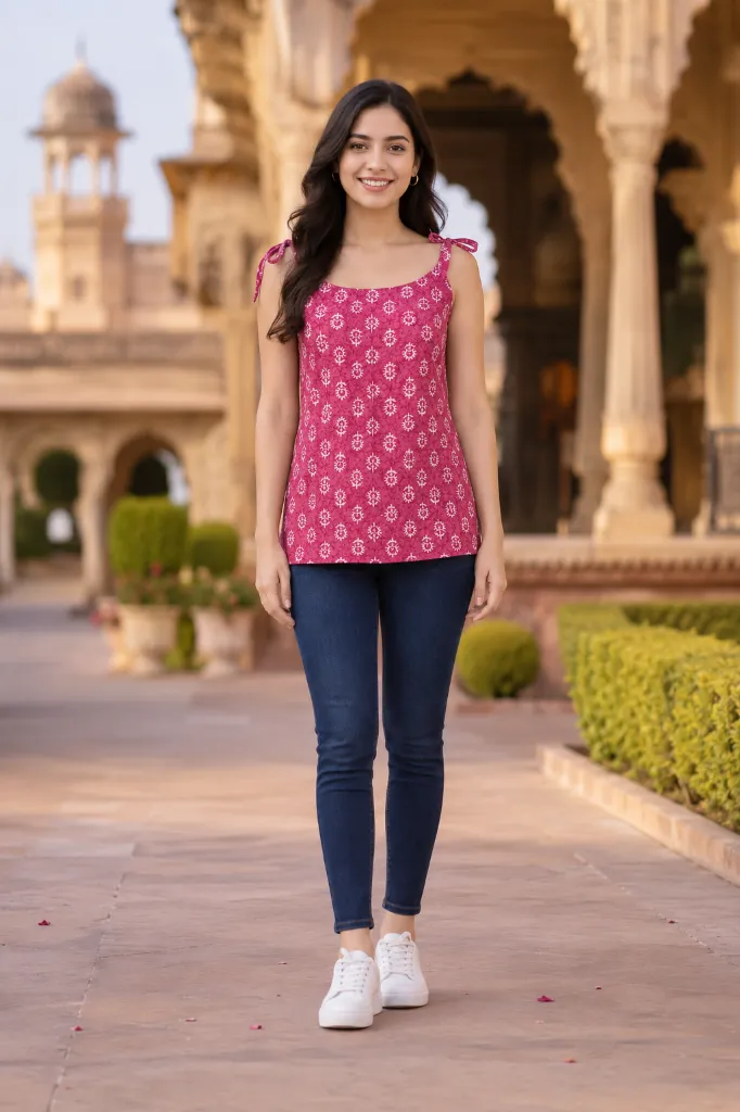 Pink Printed Short Sleeveless Waist-Length Kurti with Tie-Up Shoulder Straps 7.webp
