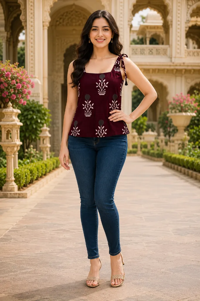 Deep Plum Purple Printed Sleeveless Tie-Up Strap Design Short Kurti Top 3.webp