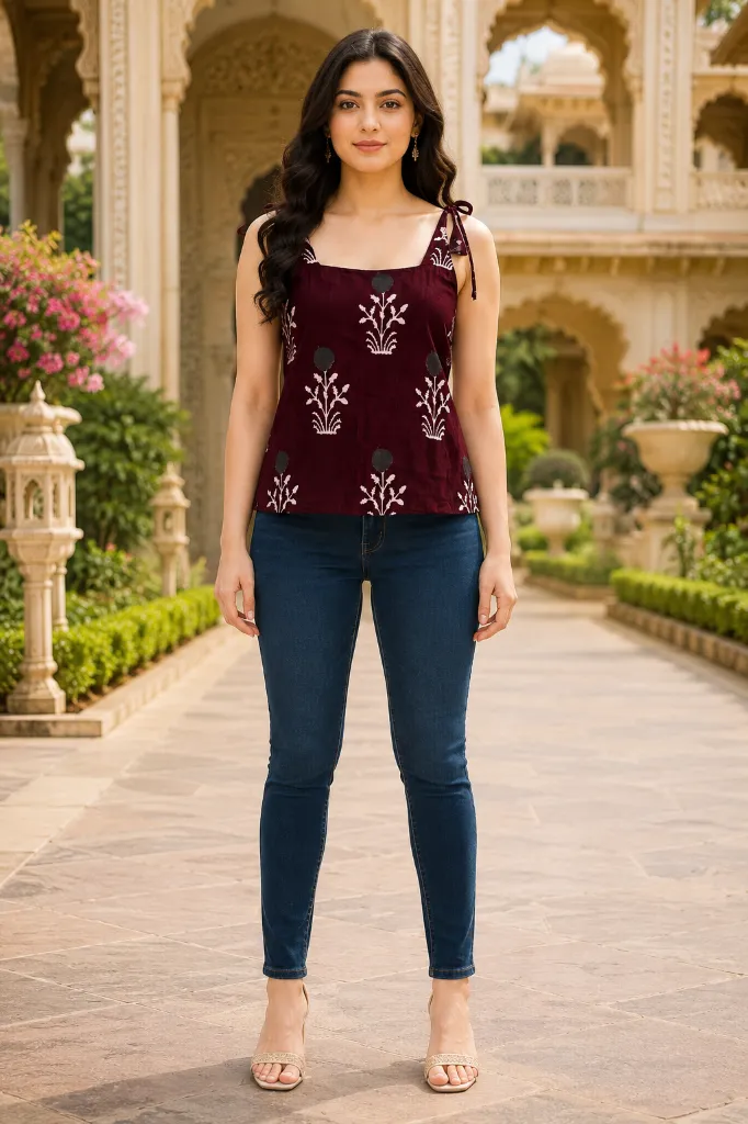 Deep Plum Purple Printed Sleeveless Tie-Up Strap Design Short Kurti Top 2.webp