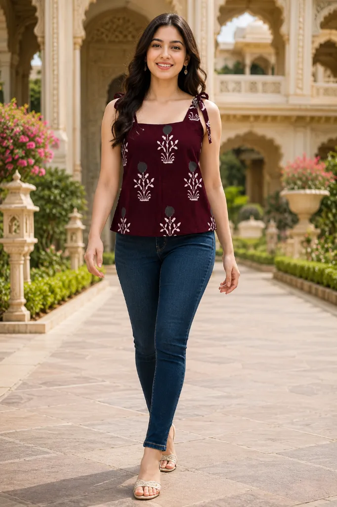 Deep Plum Purple Printed Sleeveless Tie-Up Strap Design Short Kurti Top 1.webp