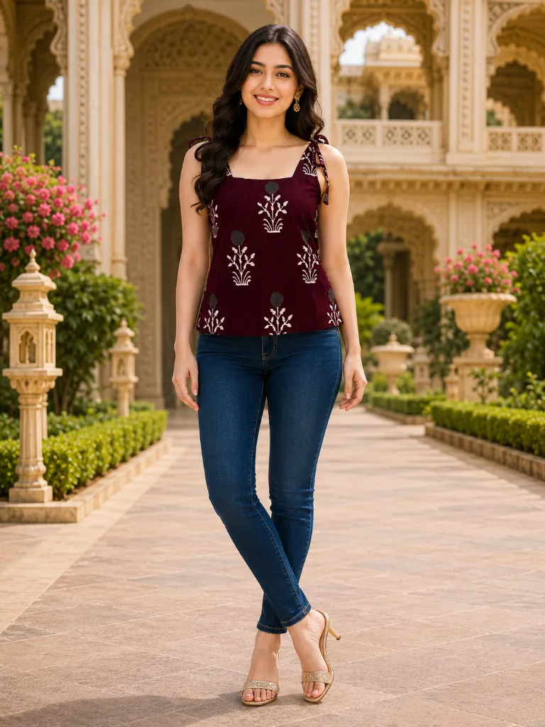 Deep Plum Purple Printed Sleeveless Tie-Up Strap Design Short Kurti Top 6.webp