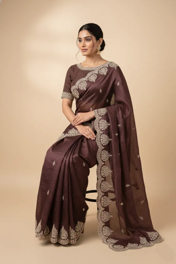 Berry Wine Jimmy Choo Style Saree with Elegant White Embroidery 3.webp