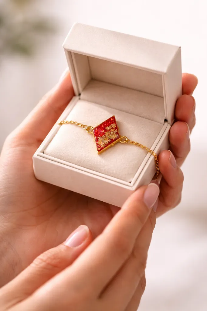Quadrilateral Red & Golden Resin Bracelet 6.webp