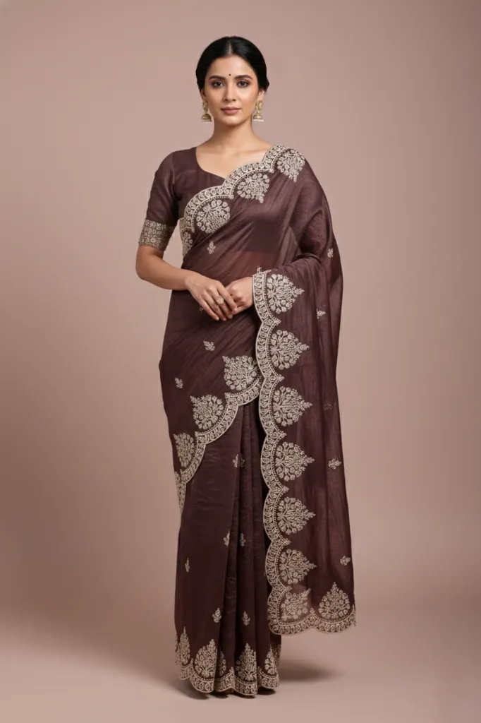 Berry Wine Jimmy Choo Style Saree with Elegant White Embroidery 1.webp