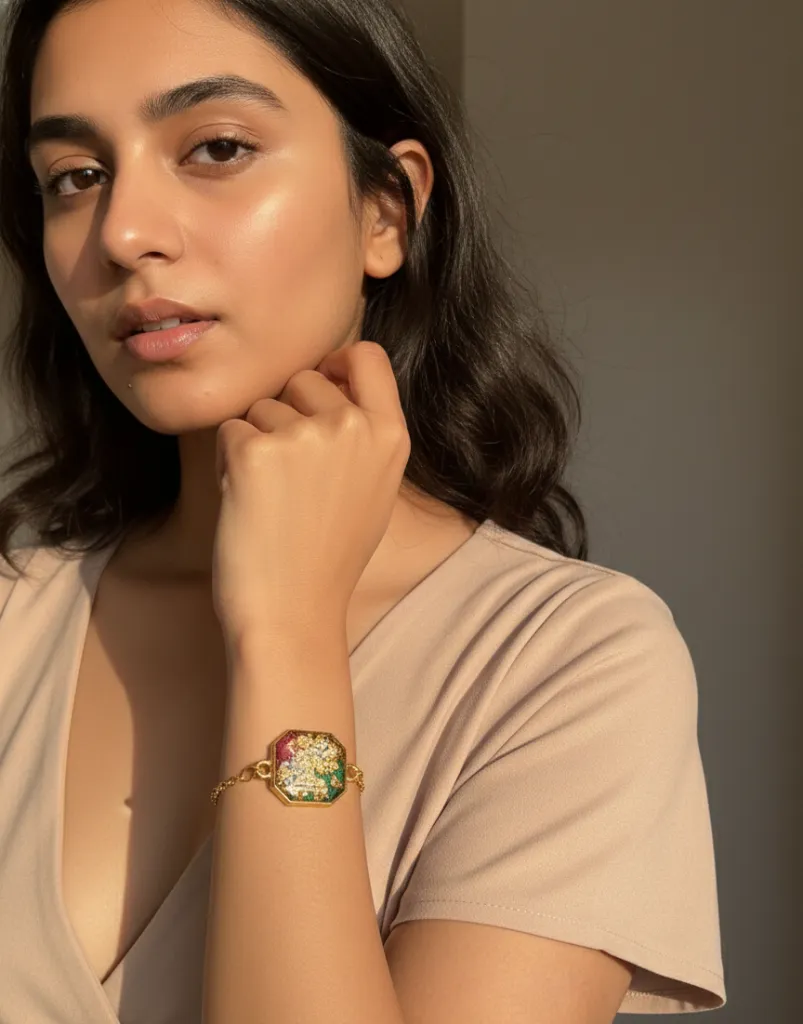 Handcrafted Resin Bracelet with Golden Chain - Hexagonal Shaped 1.webp