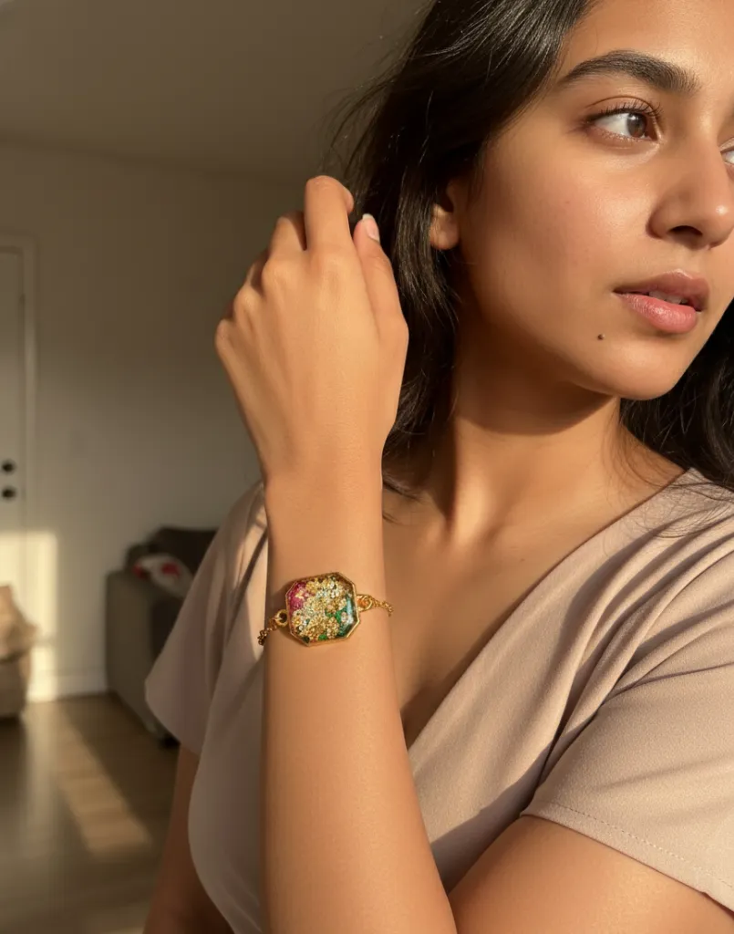 Handcrafted Resin Bracelet with Golden Chain - Hexagonal Shaped 4.webp