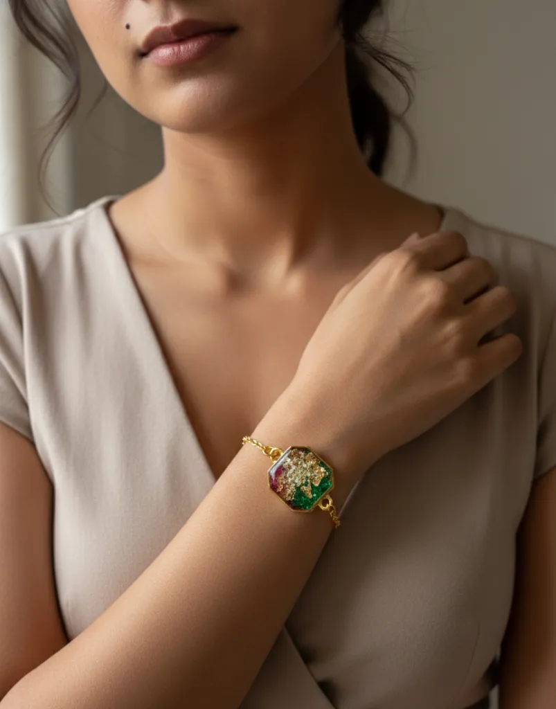 Handcrafted Resin Bracelet with Golden Chain - Hexagonal Shaped 11.webp