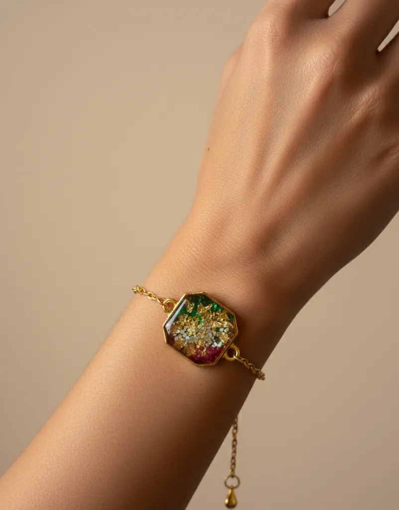 Handcrafted Resin Bracelet with Golden Chain - Hexagonal Shaped 12.webp