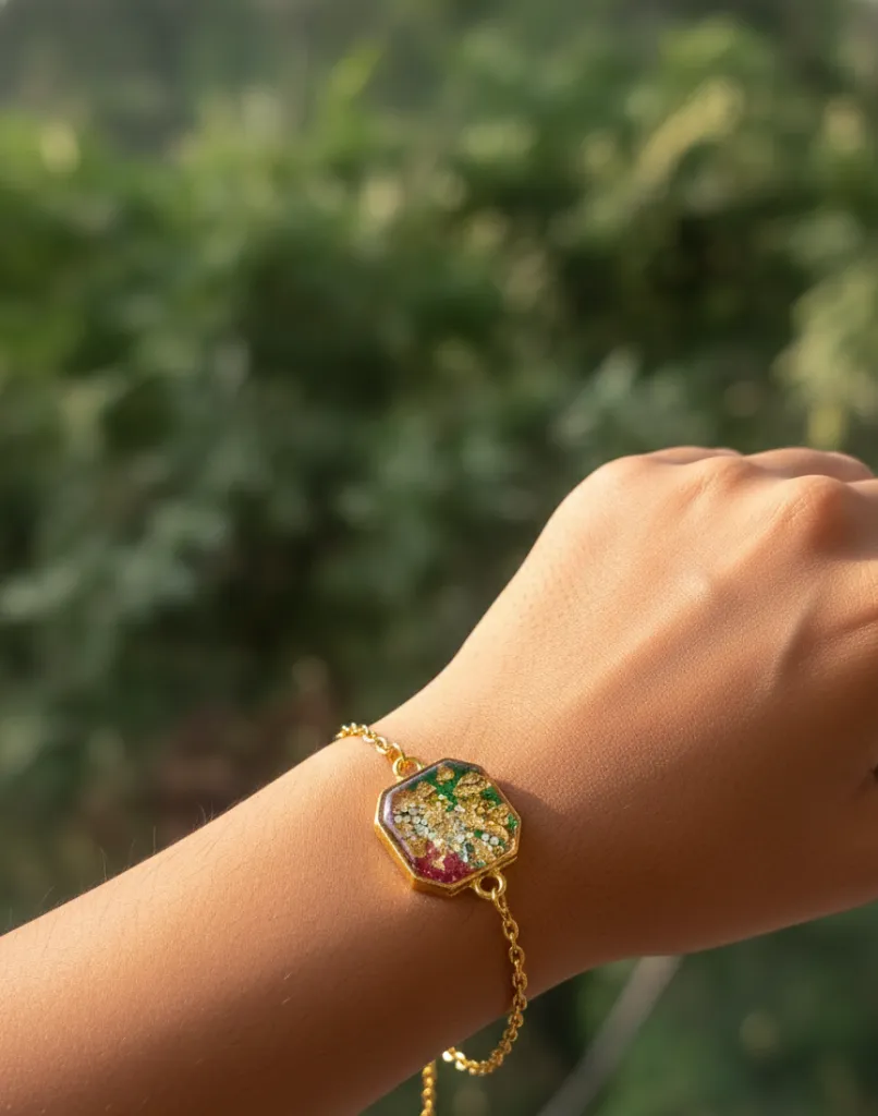 Handcrafted Resin Bracelet with Golden Chain - Hexagonal Shaped 2.webp