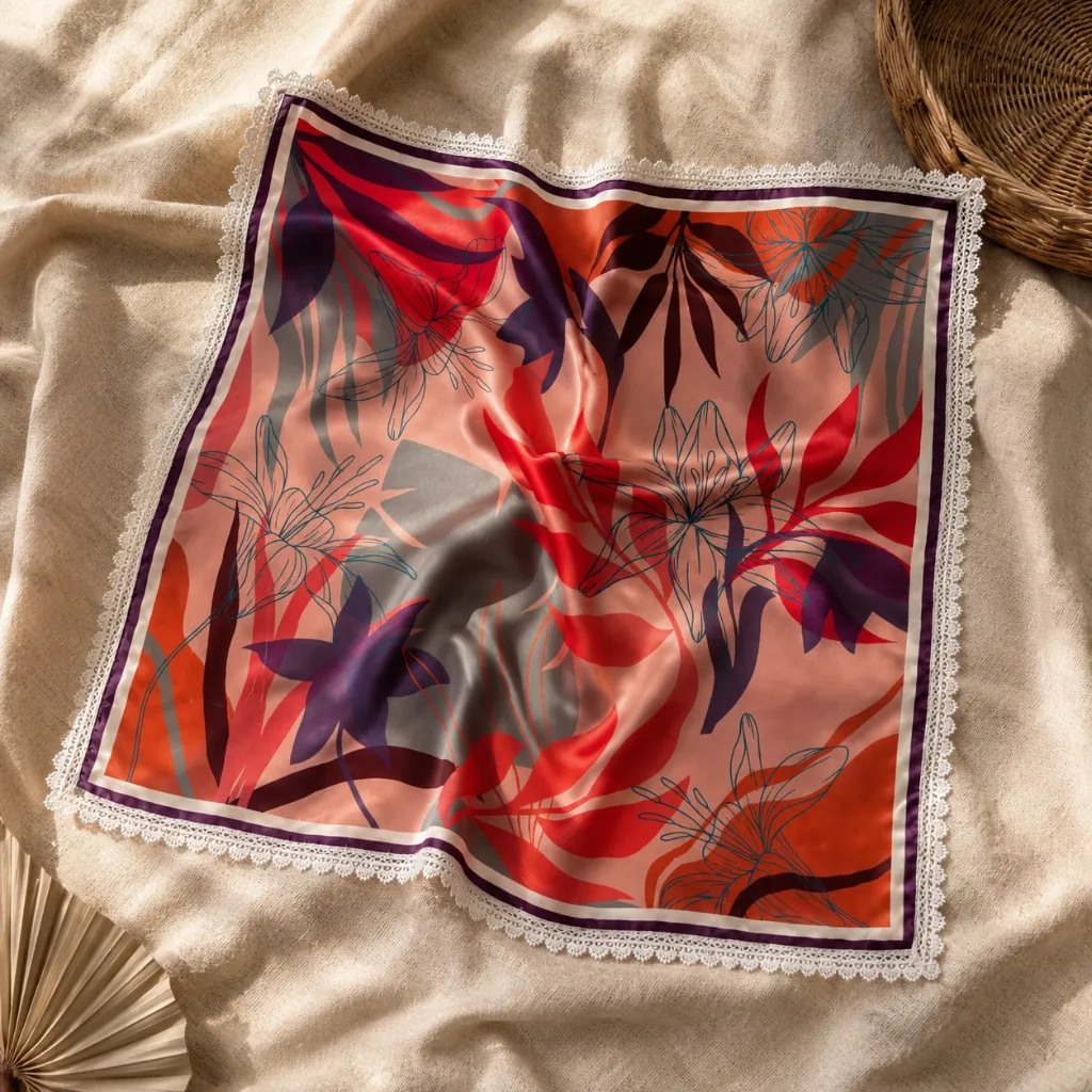Floral Satin Silk Feel Square Scarf with Lace Border 3.webp