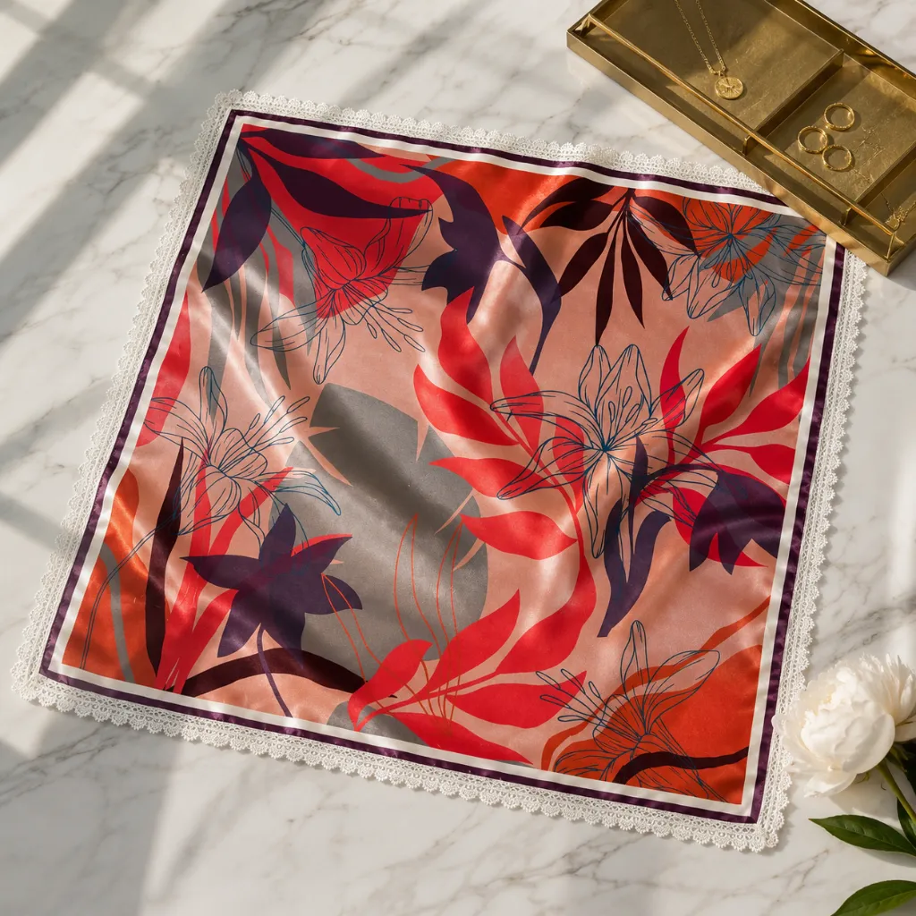 Floral Satin Silk Feel Square Scarf with Lace Border 2.webp