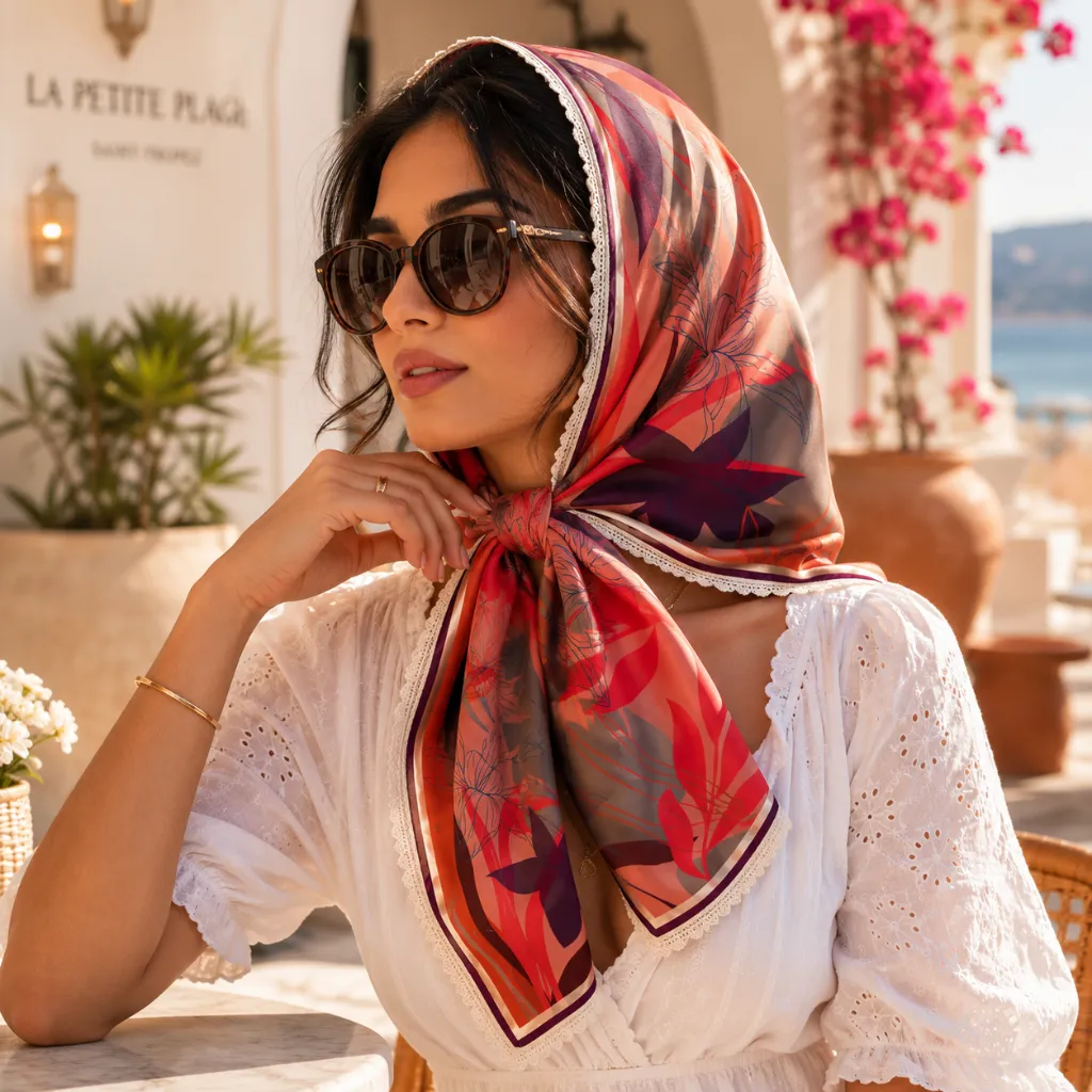 Floral Satin Silk Feel Square Scarf with Lace Border 7.webp