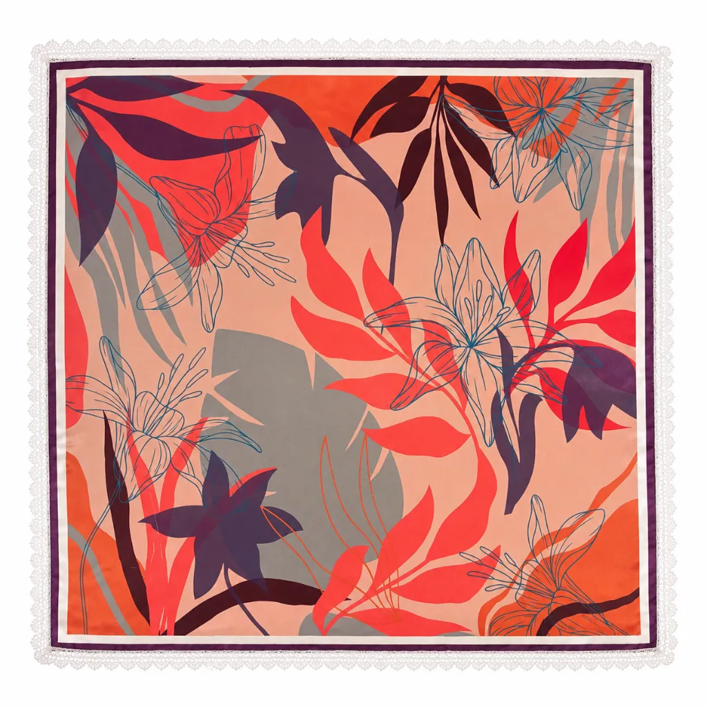 Floral Satin Silk Feel Square Scarf with Lace Border 1.webp