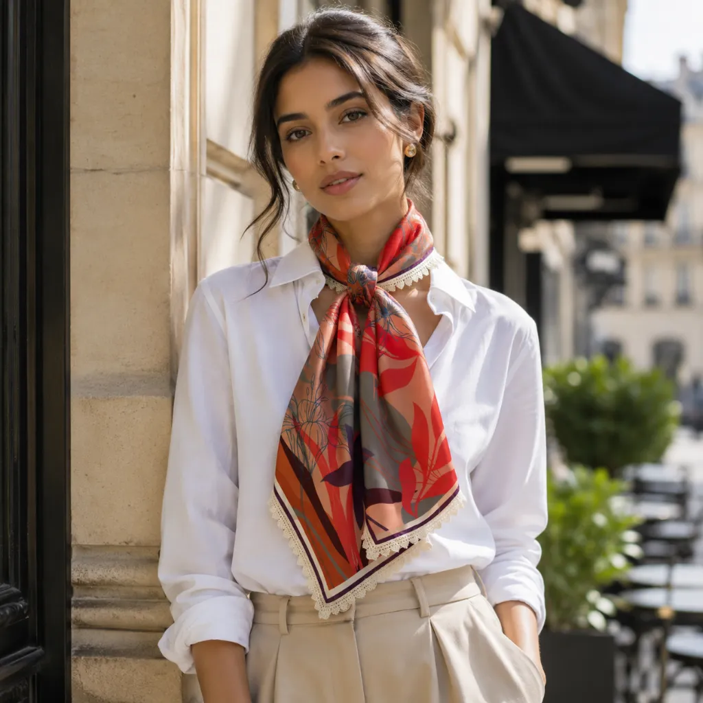Floral Satin Silk Feel Square Scarf with Lace Border 6.webp