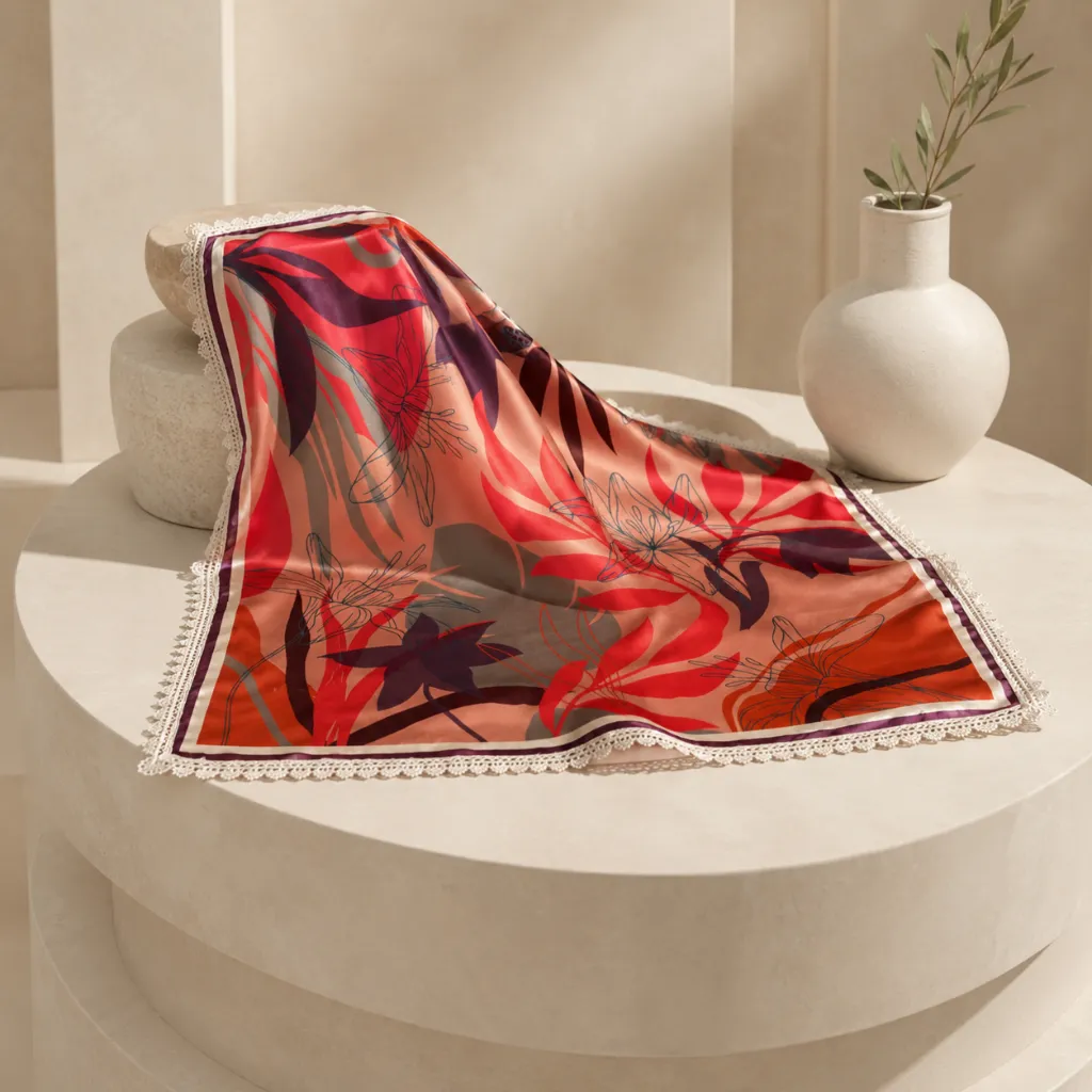 Floral Satin Silk Feel Square Scarf with Lace Border 4.webp