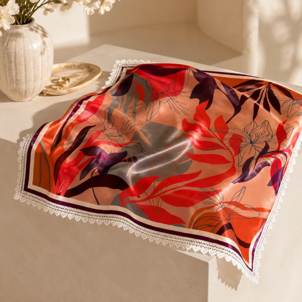 Floral Satin Silk Feel Square Scarf with Lace Border 5.webp
