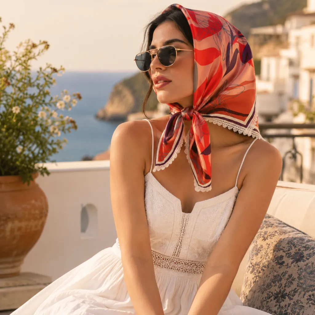 Floral Satin Silk Feel Square Scarf with Lace Border 8.webp