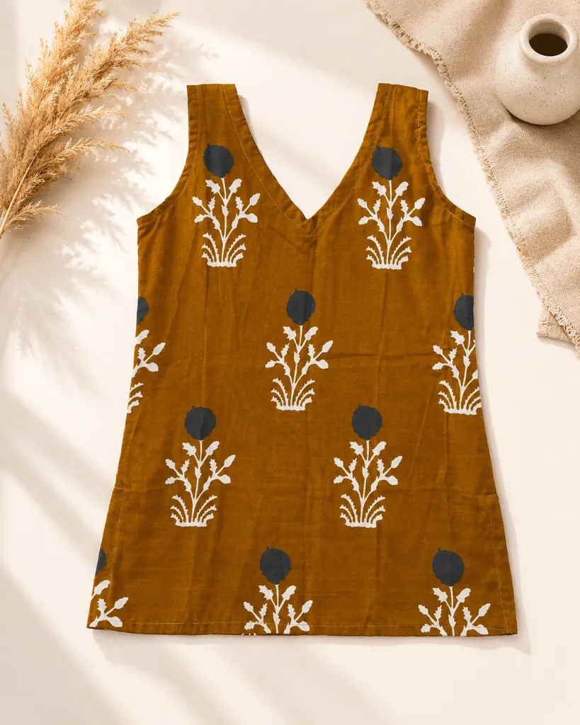 Mustard Cotton Sleeveless Short Kurti 8.webp