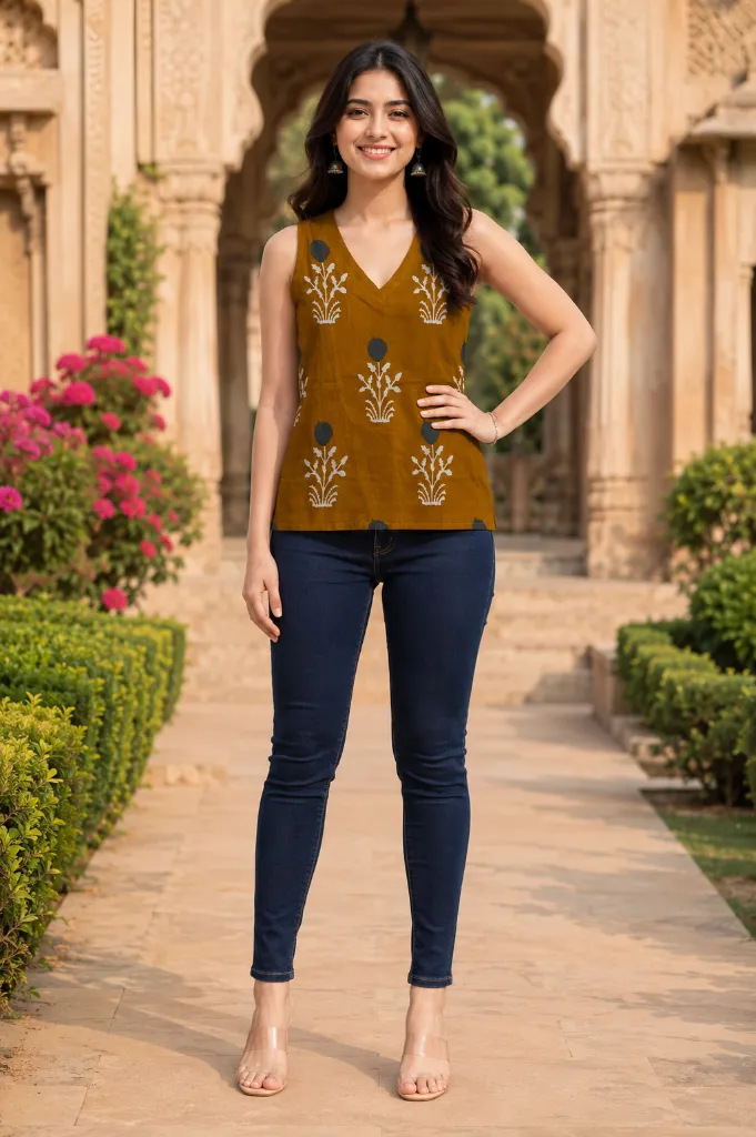 Mustard Cotton Sleeveless Short Kurti 11.webp