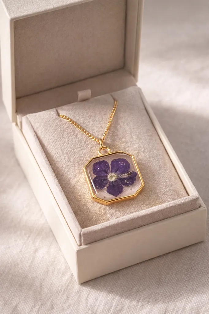 Purple Flower Hexagonal Pendant Necklace 6.webp