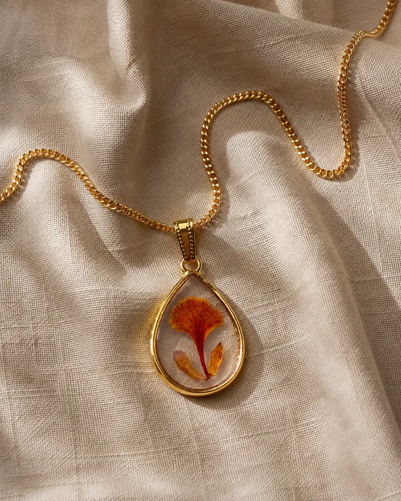 Orange Floral Teardrop Resin Pendant Necklace 7.webp