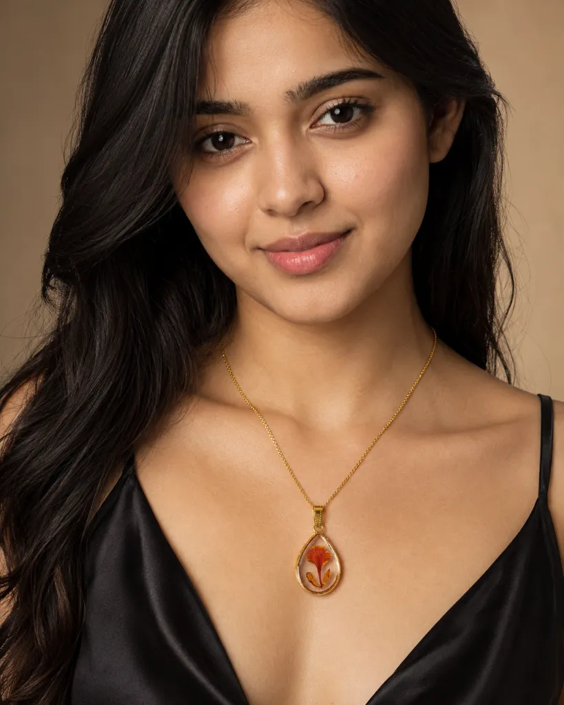 Orange Floral Teardrop Resin Pendant Necklace 1.webp
