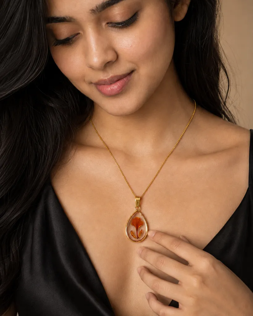 Orange Floral Teardrop Resin Pendant Necklace 2.webp