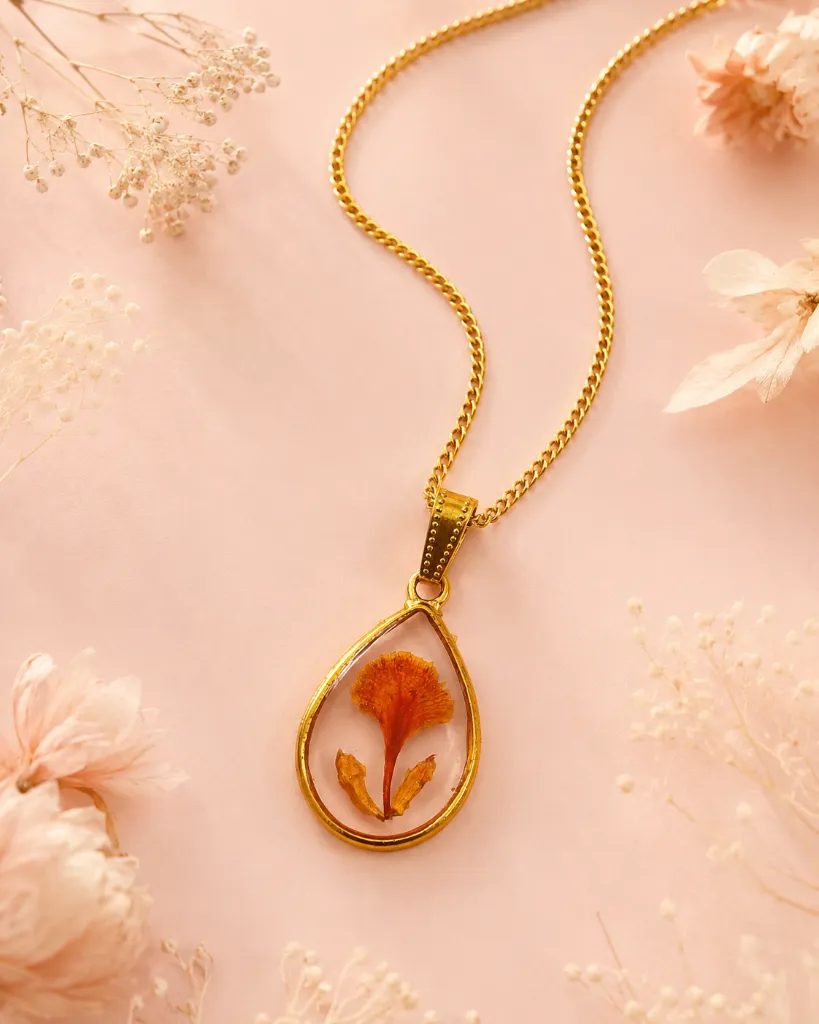 Orange Floral Teardrop Resin Pendant Necklace 6.webp