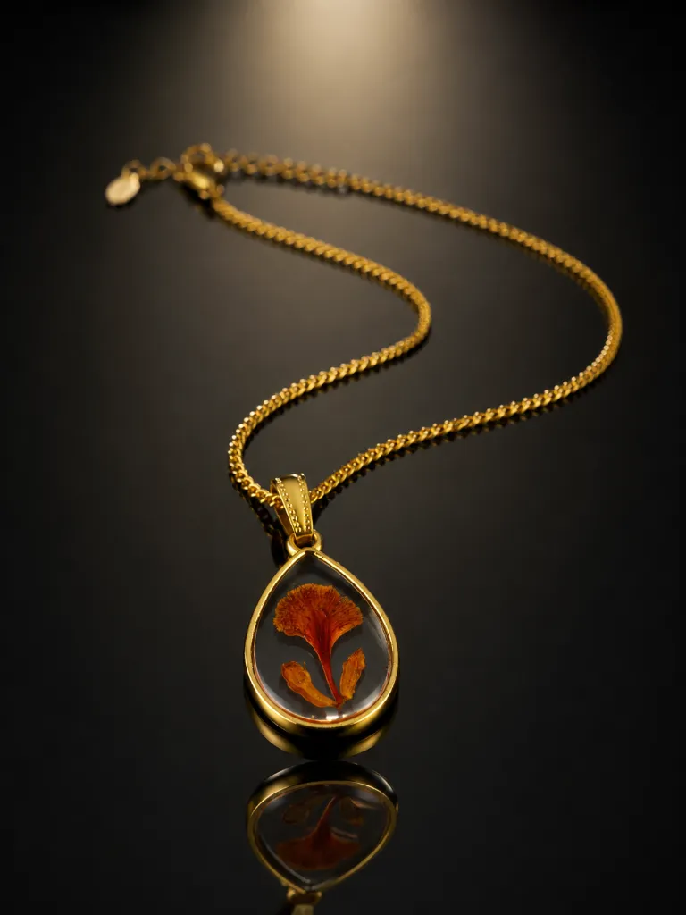 Orange Floral Teardrop Resin Pendant Necklace 5.webp