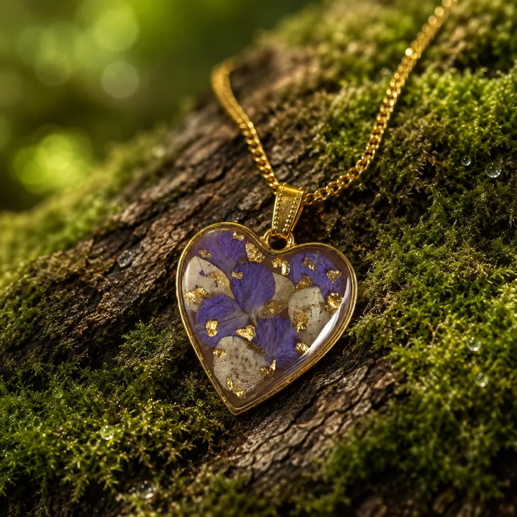 Heart-Shaped Resin Pendant Necklace with Purple Flowers & Golden Flakes 9.webp