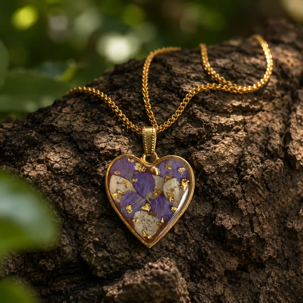 Heart-Shaped Resin Pendant Necklace with Purple Flowers & Golden Flakes 8.webp