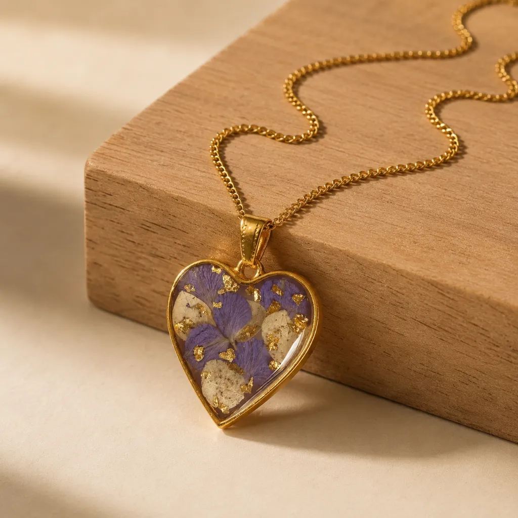 Heart-Shaped Resin Pendant Necklace with Purple Flowers & Golden Flakes 5.webp