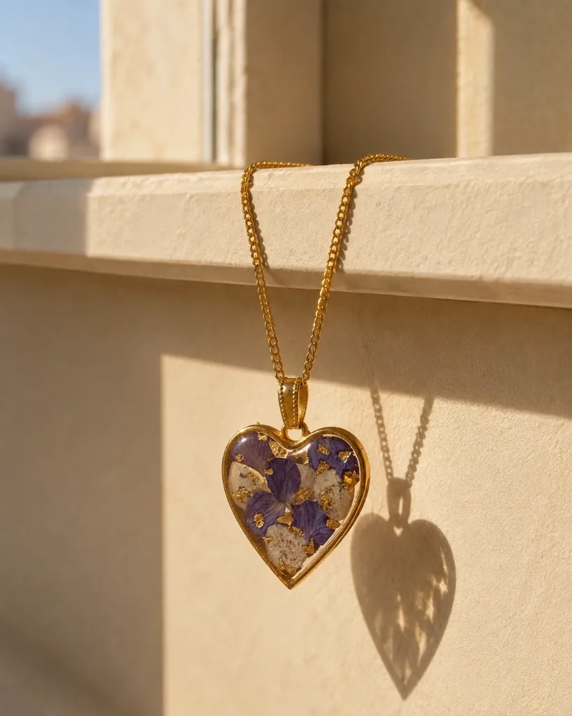 Heart-Shaped Resin Pendant Necklace with Purple Flowers & Golden Flakes 6.webp