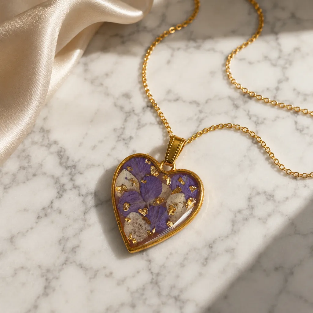 Heart-Shaped Resin Pendant Necklace with Purple Flowers & Golden Flakes 7.webp