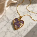 Heart-Shaped Resin Pendant Necklace with Purple Flowers & Golden Flakes 7.webp