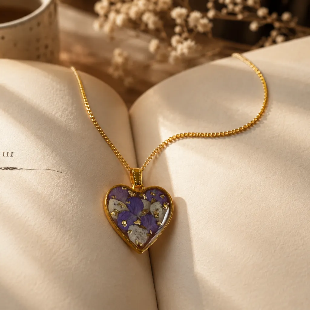 Heart-Shaped Resin Pendant Necklace with Purple Flowers & Golden Flakes 10.webp