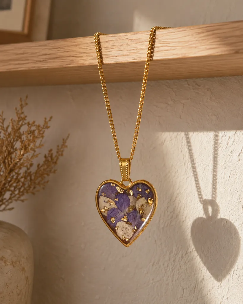 Heart-Shaped Resin Pendant Necklace with Purple Flowers & Golden Flakes 11.webp