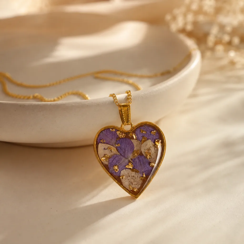 Heart-Shaped Resin Pendant Necklace with Purple Flowers & Golden Flakes 2.webp
