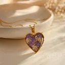 Heart-Shaped Resin Pendant Necklace with Purple Flowers & Golden Flakes 2.webp