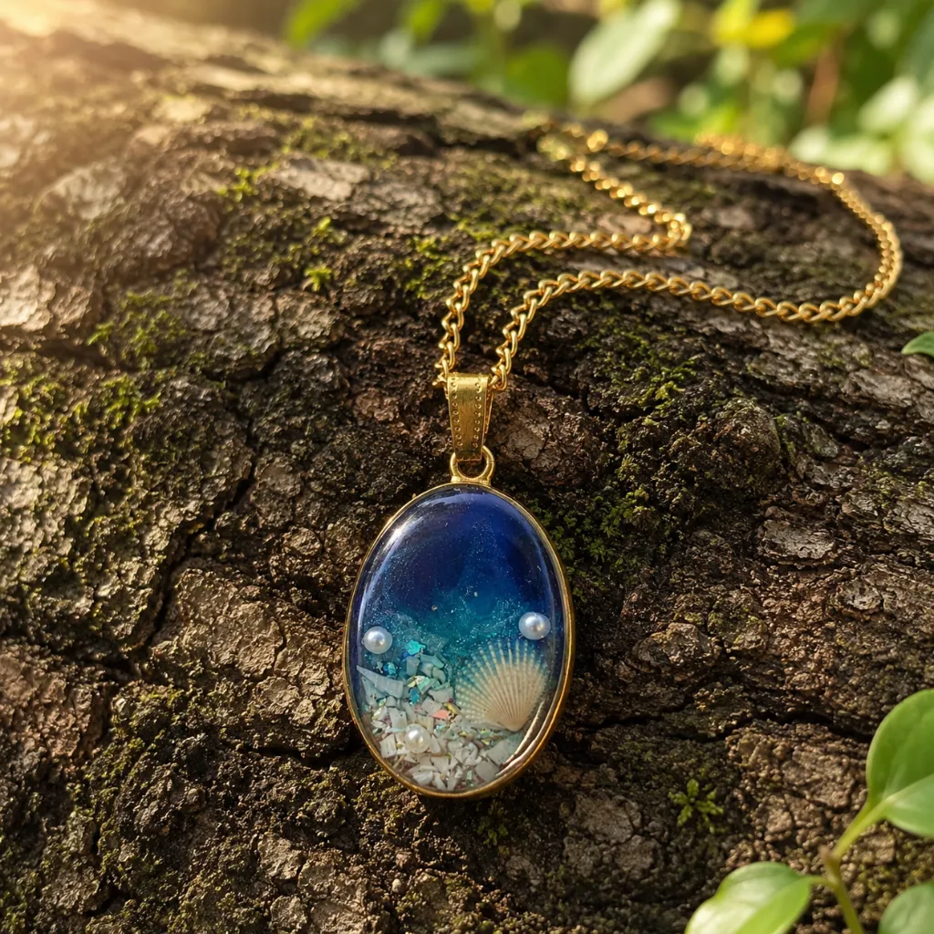Ocean-Inspired Blue Resin Pendant with Seashell & Pearl 4.webp