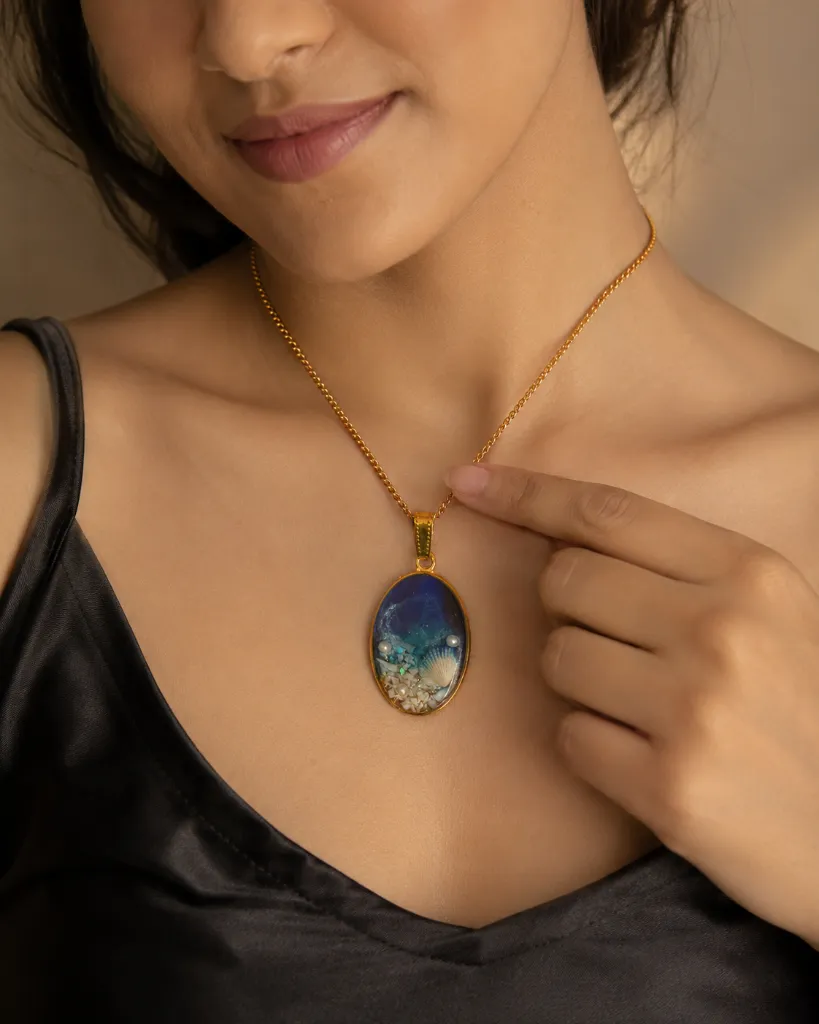 Ocean-Inspired Blue Resin Pendant with Seashell & Pearl 10.webp