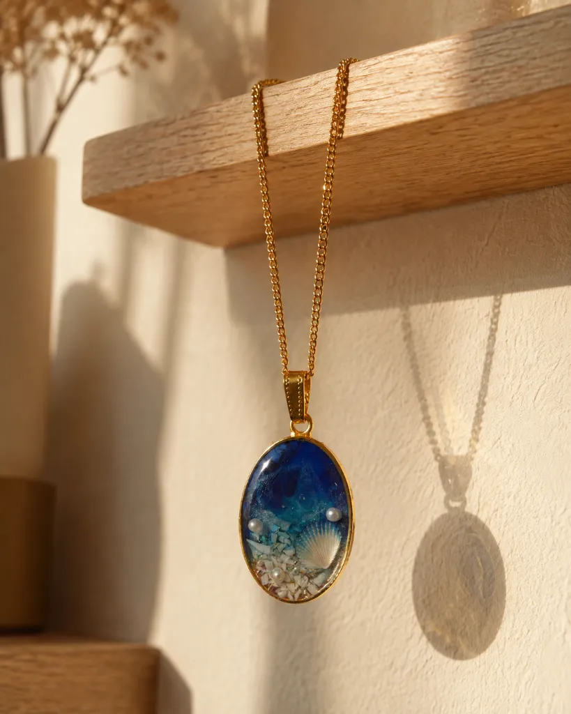 Ocean-Inspired Blue Resin Pendant with Seashell & Pearl 6.webp