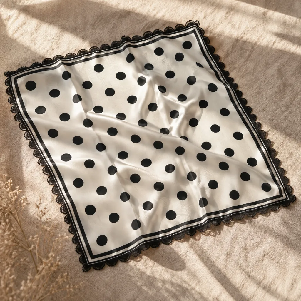 Black & White Polka Dot Square Scarf with Lace Border 3.webp