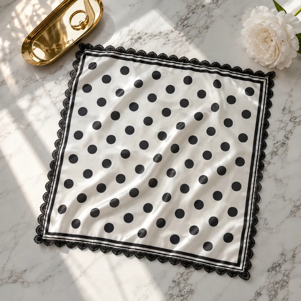 Black & White Polka Dot Square Scarf with Lace Border 2.webp