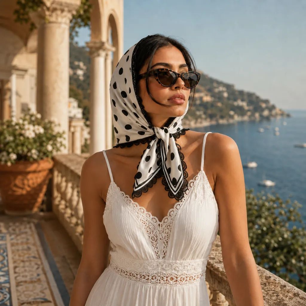 Black & White Polka Dot Square Scarf with Lace Border 5.webp